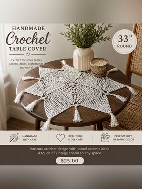 Handmade Crochet 33” Small Table Cover – White Star Design with Tassels